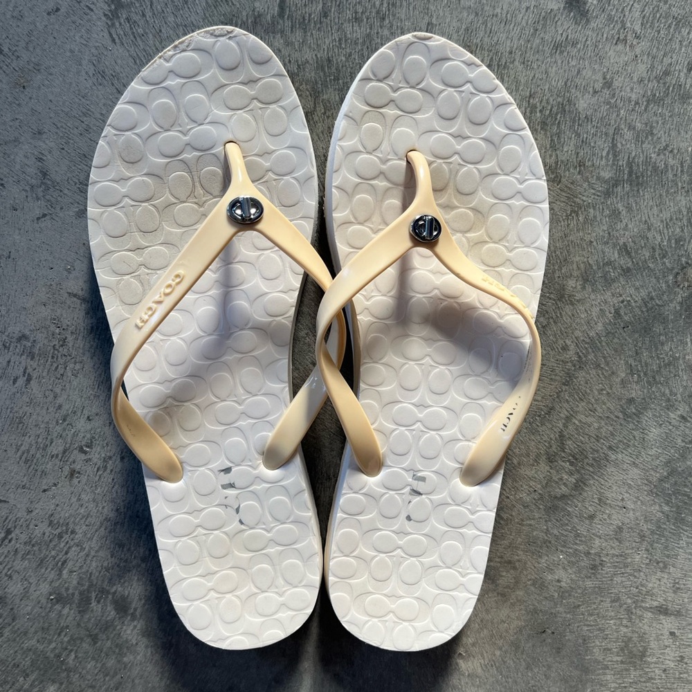Coach Cream and White Flip Flops